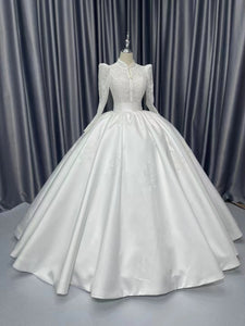 Long sleeves vintage lace and satin ball gown wedding dress