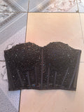 Sexy black pearls crystals beaded sheer tulle corset bustier top