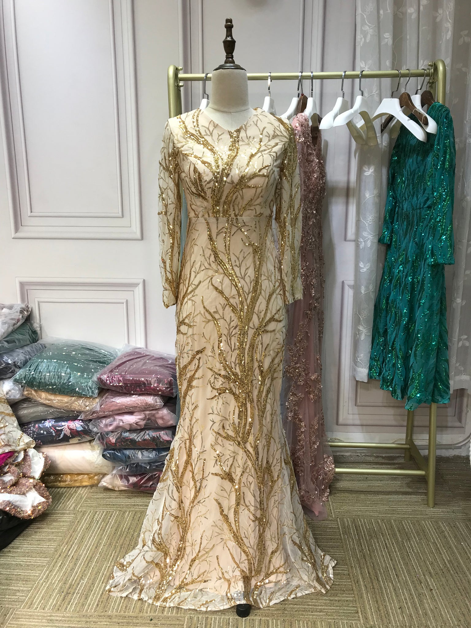 Gold sequins V neck long sleeves full length mermaid fit and flare for Anna's Couture Dresses Gold sequins V neck long sleeves full length mermaid fit and flare for Anna's Couture Dresses