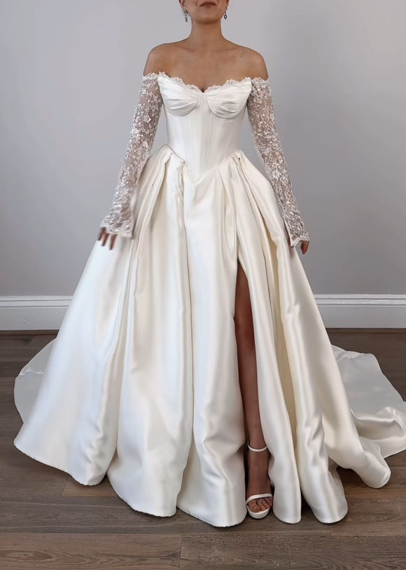 Customization made off shoulder corset bodice wedding dress ball gown skirt front slit mikado bridal gown 2025 sweeping train