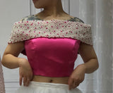 Off shoulder pearls crystals rhinestones beaded hot pink crop top