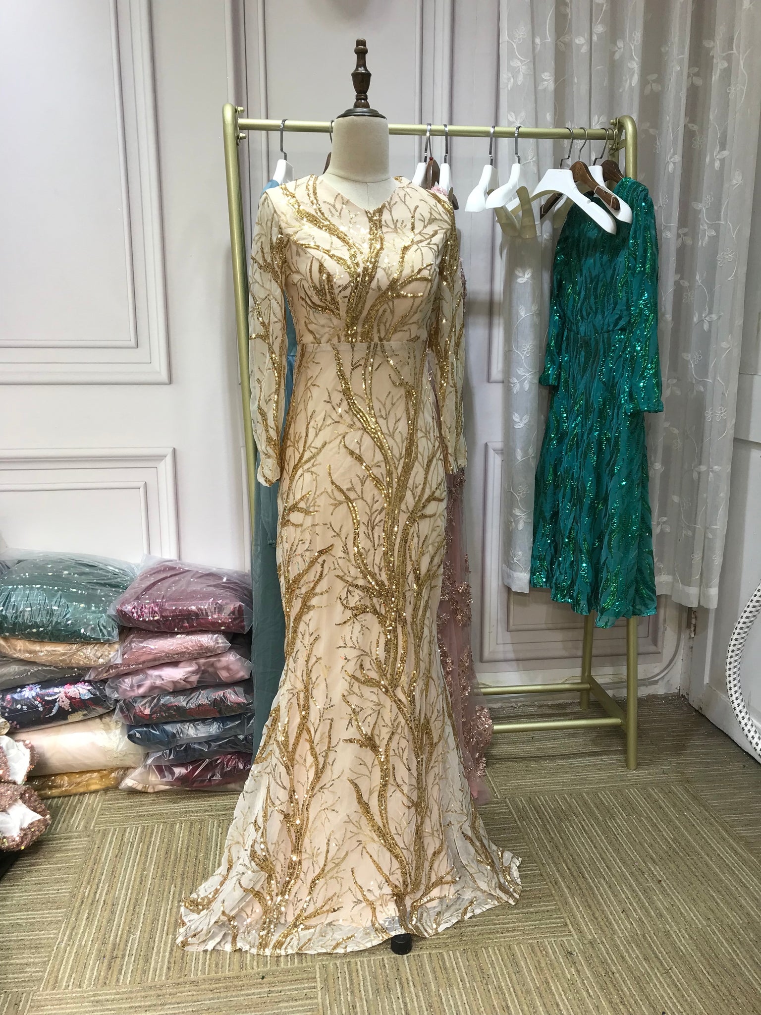 Gold sequins V neck long sleeves full length mermaid fit and flare for Anna's Couture Dresses Gold sequins V neck long sleeves full length mermaid fit and flare for Anna's Couture Dresses