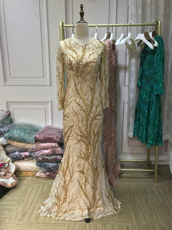 Gold sequins V neck long sleeves full length mermaid fit and flare formal prom dresses for muslim 2024,mother of the bride dress (in stock,US 4-8 size)