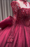 Luxury handmade crystals rhinestones pearls beaded long sleeve dark red wedding ball gown prom quinceanera dresses 2024