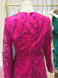 Hot pink sequins round neck long sleeves tea length formal prom dresses for muslim 2024,mother of the dress (in stock,US 6-10 size)