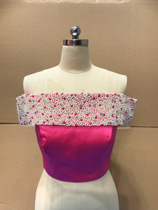 Off shoulder pearls crystals rhinestones beaded hot pink crop top