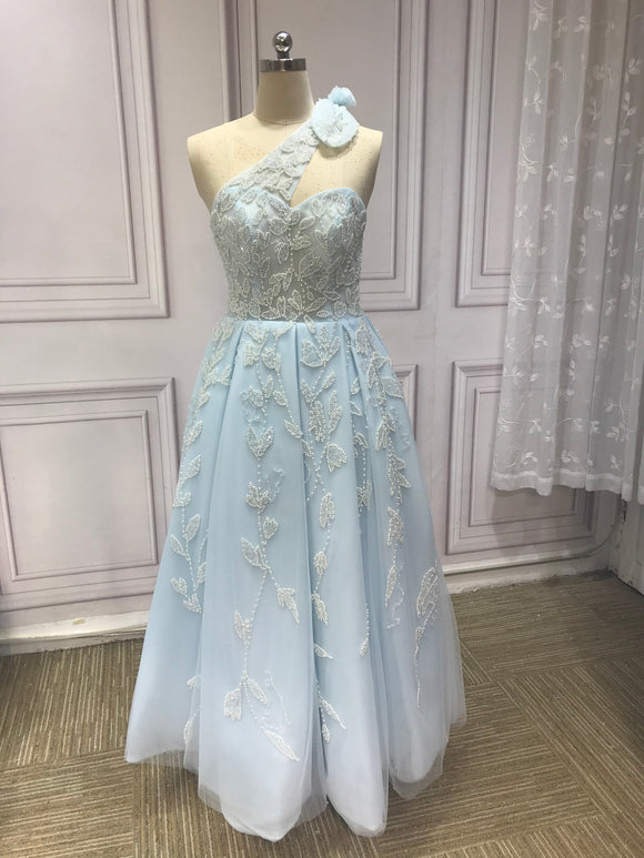 One shoulder tea length heavy handmade beaded pearls crystals couture prom dress 2023
