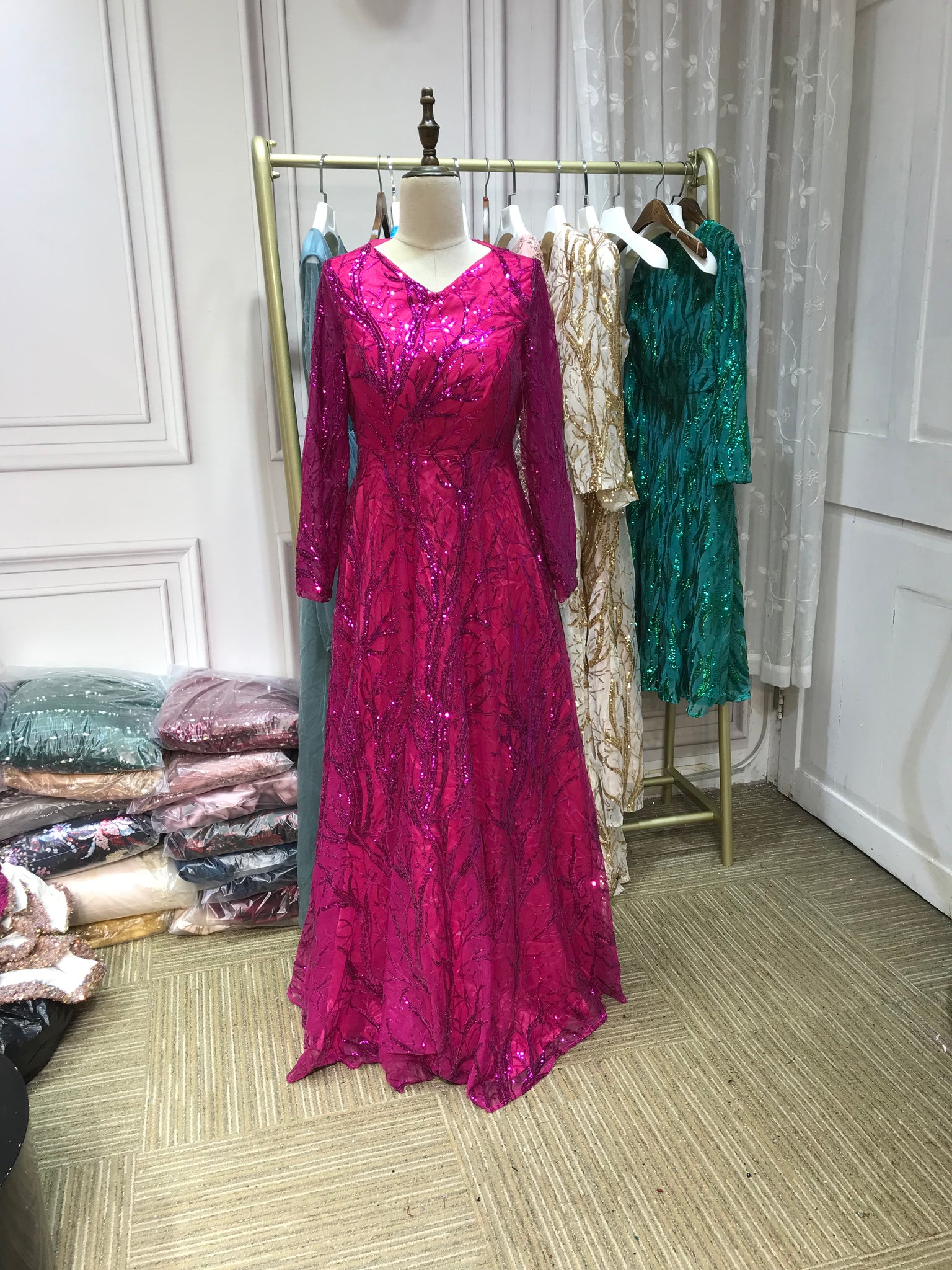Hot pink sequins V neck long sleeves full length formal prom dresses f Anna's Couture Dresses Hot pink sequins V neck long sleeves full length formal prom dresses f Anna's Couture Dresses
