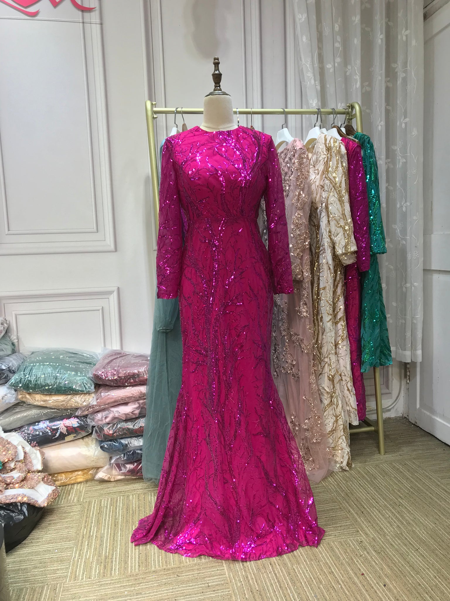 Hot pink sequins round neck long sleeves full length mermaid fit and f Anna's Couture Dresses Hot pink sequins round neck long sleeves full length mermaid fit and f Anna's Couture Dresses