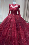 Luxury handmade crystals rhinestones pearls beaded long sleeve dark red lace appliqués vintage style wedding ball gown prom quinceanera dresses 2024