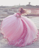 Timeless puffy skirt princess prom dress ,tulle ball gown with rose petals on the bottom