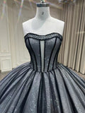 Sparkling black glitter fabric sweetheart ball gown puffy skirt prom dress 2024