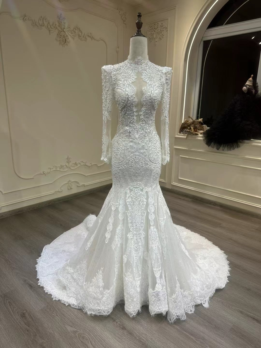 long sleeve beaded mermaid wedding dress Off-Shoulder Long Sleeves Beaded Mermaid Wedding Dress – Liymc main image 1