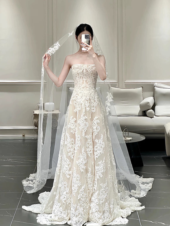 Customized vintage lace bodice corset A-Line skirt wedding dresses 2025 sweeping train