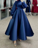 Matte satin tea length burgundy emerald green beige black navy long sleeves a line tulle prom maxi dress muslim fashion 2024