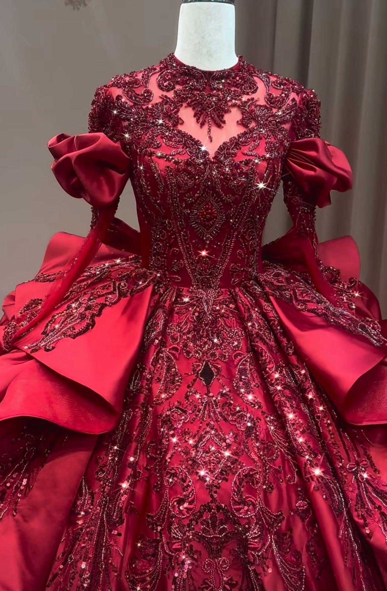 dark red quinceanera dresses Gorgeous long sleeve dark red lace appliqués rhinestones crystals sequ – Anna's Couture Dresses