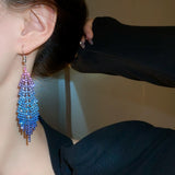 Ice blue gradient crystals metal alloy drop tassels long earrings in sets