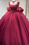 Luxury handmade crystals rhinestones pearls beaded long sleeve dark red wedding ball gown prom quinceanera dresses 2024