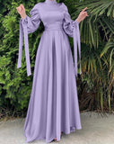 Matte satin lilac long sleeves a line prom maxi dress muslim fashion 2024