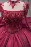 Luxury handmade crystals rhinestones pearls beaded long sleeve dark red wedding ball gown prom quinceanera dresses 2024