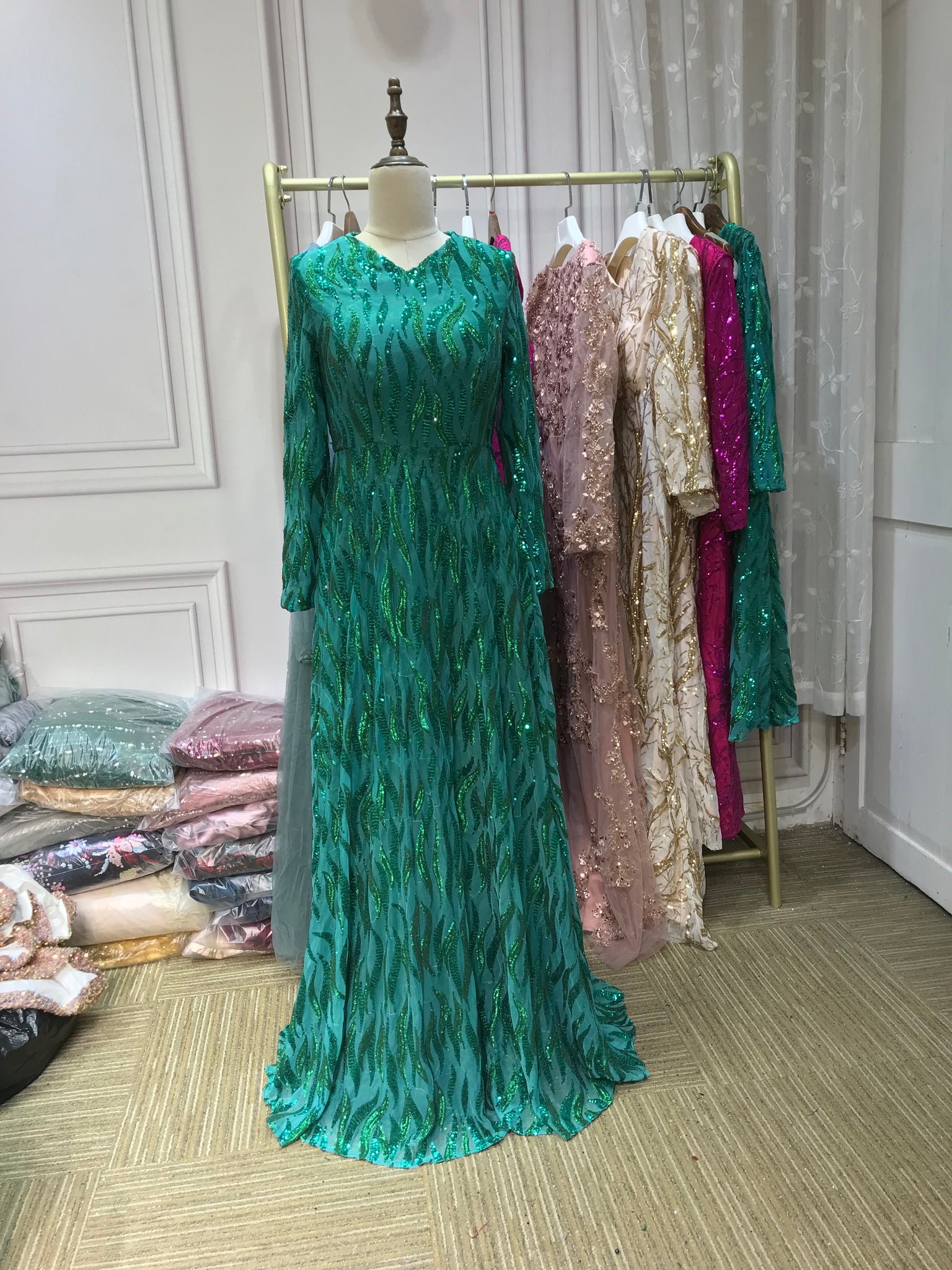 Emerald green sequins V neck long sleeves full length formal prom dres Anna's Couture Dresses Emerald green sequins V neck long sleeves full length formal prom dres Anna's Couture Dresses