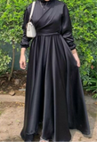 Matte satin tea length burgundy emerald green beige black navy long sleeves a line tulle prom maxi dress muslim fashion 2024