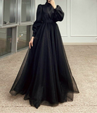 Shiny sparkling tea length burgundy emerald green beige black navy long sleeves a line tulle prom maxi dress muslim fashion 2024