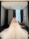 Customization made off shoulder corset bodice wedding dress ball gown skirt front slit mikado bridal gown 2025 with train