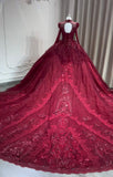 Luxury handmade crystals rhinestones pearls beaded long sleeve dark red lace appliqués vintage style wedding ball gown prom quinceanera dresses 2024