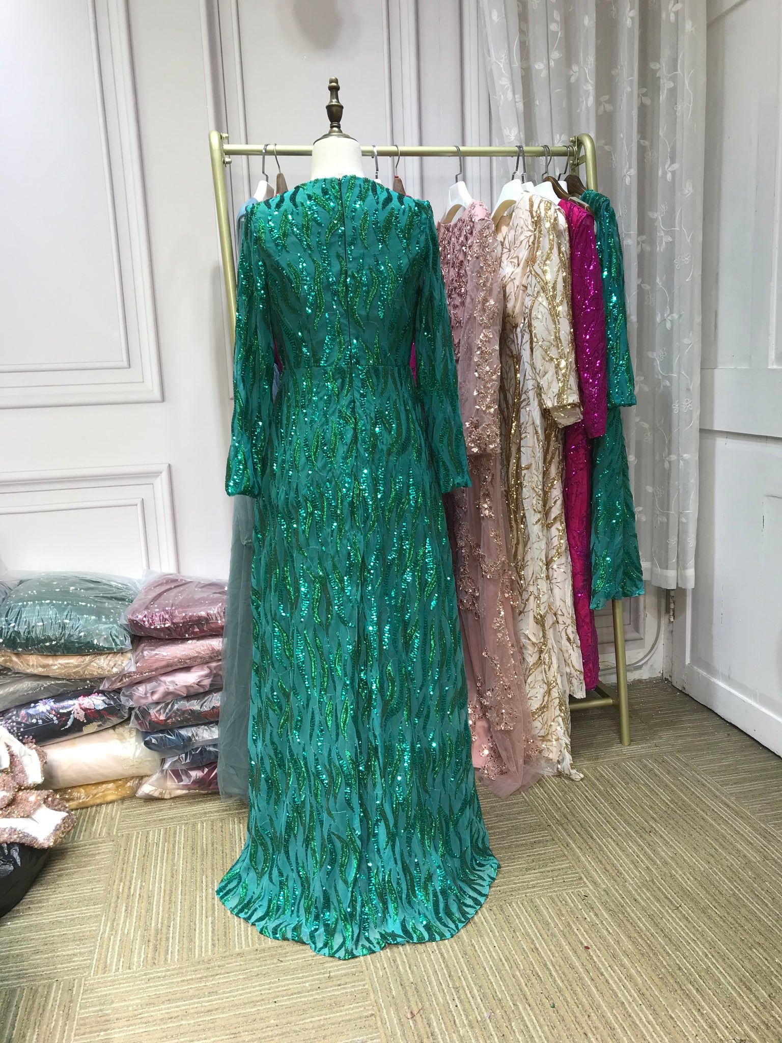 Emerald green sequins V neck long sleeves full length formal prom dres Anna's Couture Dresses Emerald green sequins V neck long sleeves full length formal prom dres Anna's Couture Dresses