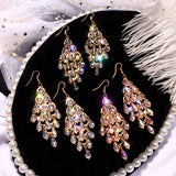 Pink gray clear glass beads crystals drop tassels long earrings