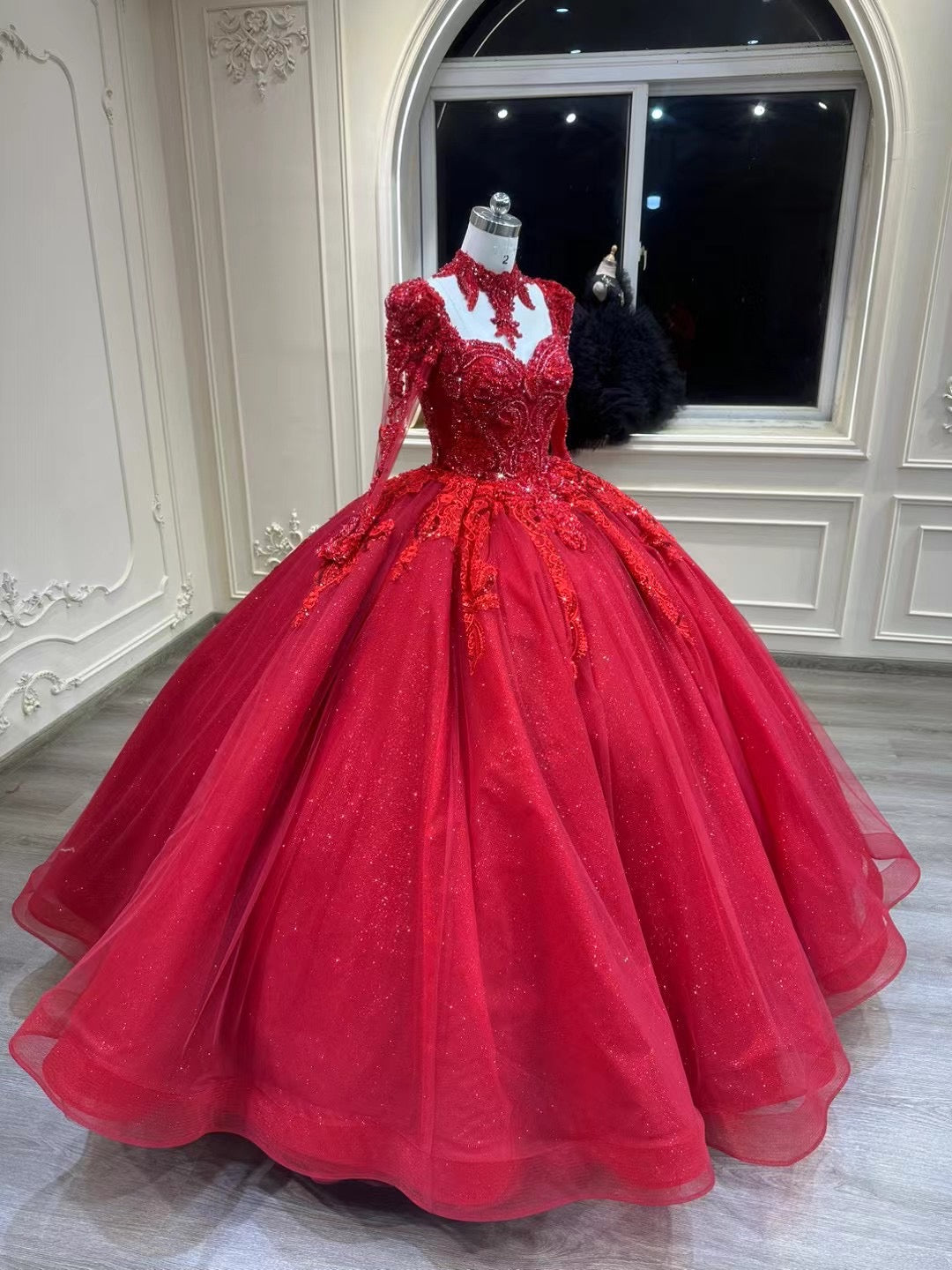 Chic long sleeve dark red lace appliqus rhinestones crystals sequins Anna's Couture Dresses Chic long sleeve dark red lace appliqus rhinestones crystals sequins Anna's Couture Dresses