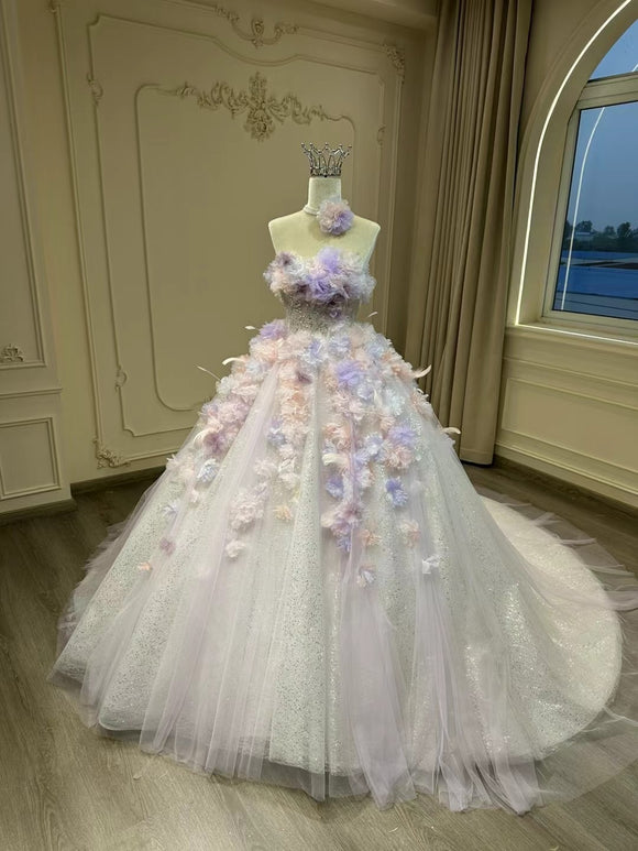 （副本）Off shoulder corset top fairytale baby pink glitter with floral lace appliqués tulle ball gown puffy wedding prom dress 2024