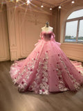 Off shoulder corset top fairytale baby pink glitter with floral lace appliqués tulle ball gown puffy wedding prom dress 2024