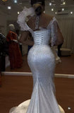 Customization high couture fully beaded trumpet skirt mermaid wedding dress with florals and tassels on the top of shoulder