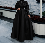 Matte satin tea length burgundy emerald green beige black navy long sleeves maxi prom dress for muslim fashion wedding occasions