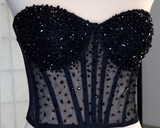 Black pearls crystals beaded sheer tulle corset bustier top