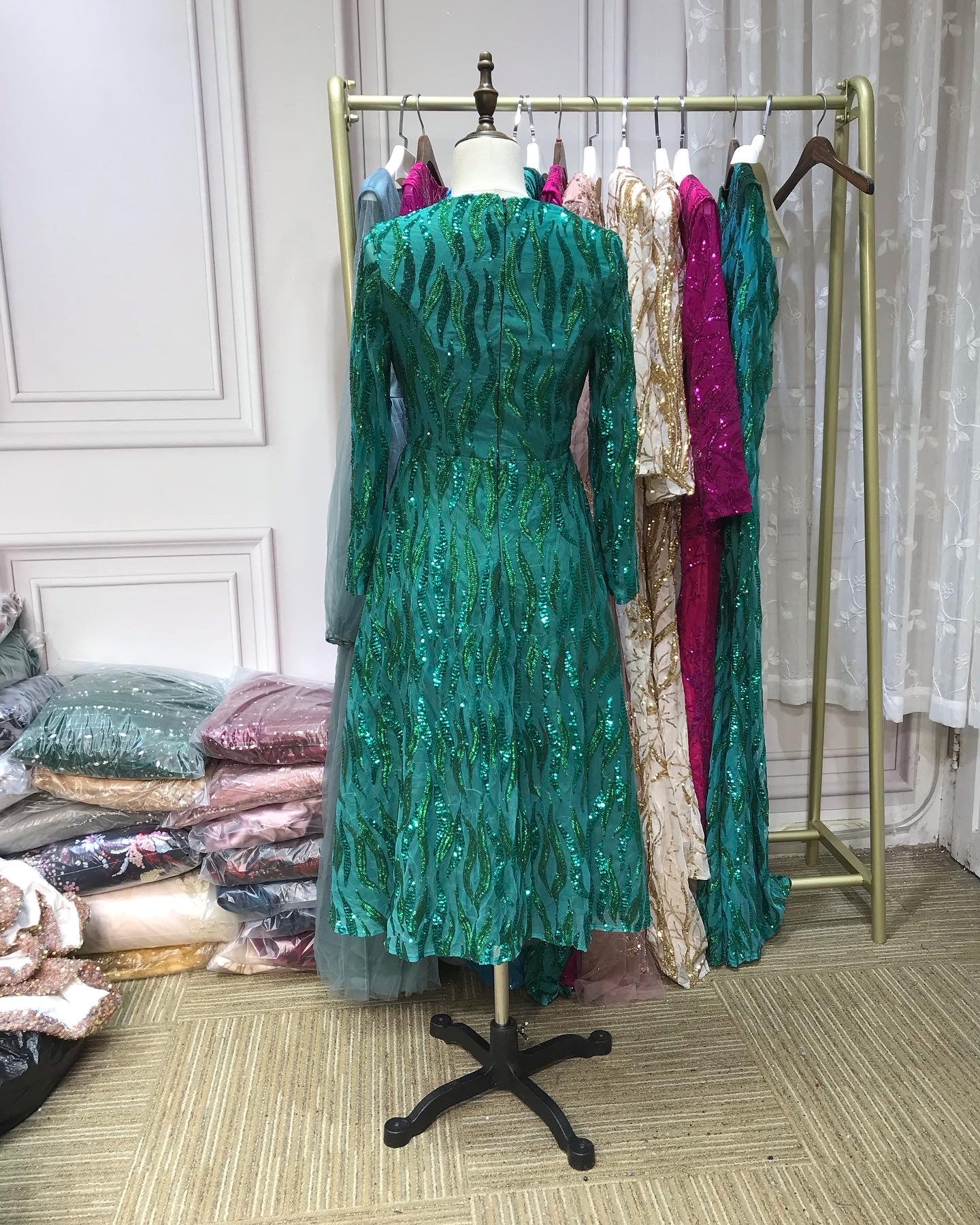 Emerald green sequins round neck long sleeves tea length formal prom d Anna's Couture Dresses Emerald green sequins round neck long sleeves tea length formal prom d Anna's Couture Dresses