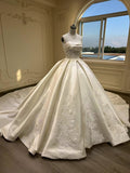 Off shoulder matte satin alencon lace embellishments ball gown couture wedding dress 2024