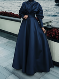 Matte satin tea length burgundy emerald green beige black navy long sleeves maxi prom dress for muslim fashion wedding occasions