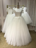 Fairytale florals with crystals beaded short sleeves tulle tutu puffy little baby toddlers flower girl dresses(in stock)