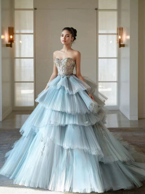 （副本）Chic crystals rhinestones beaded layered princess fairytale prom dress ,ice blue puffy prom dress 2024