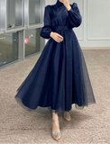 Shiny sparkling tea length burgundy emerald green beige black navy long sleeves a line tulle prom maxi dress muslim fashion 2024