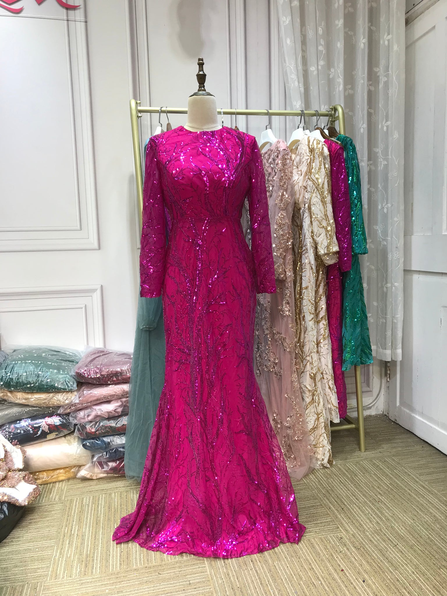 Hot pink sequins round neck long sleeves full length mermaid fit and f Anna's Couture Dresses Hot pink sequins round neck long sleeves full length mermaid fit and f Anna's Couture Dresses