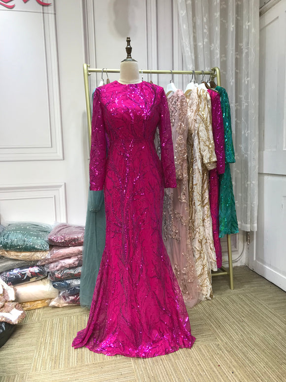 Hot pink sequins round neck long sleeves full length mermaid fit and flare formal prom dresses for muslim 2024(in stock,US 8 -10 size)