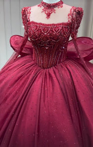 Luxury handmade crystals rhinestones pearls beaded long sleeve dark red wedding ball gown prom quinceanera dresses 2024