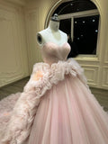 Fairytale puffy skirt rose pink princess prom dress ,rose pink floral gorgeous prom dress 2024