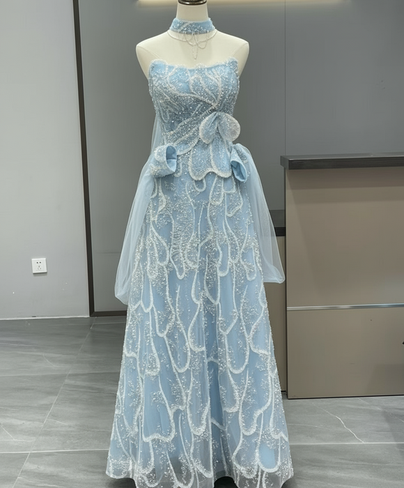 Luxurious glitter blush pink light blue prom birthday graduation dresses with detachable sleeves personalized 2025 Autumn