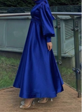 Matte satin tea length burgundy emerald green beige black navy long sleeves a line tulle prom maxi dress muslim fashion 2024