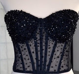 Black pearls crystals beaded sheer tulle corset bustier top